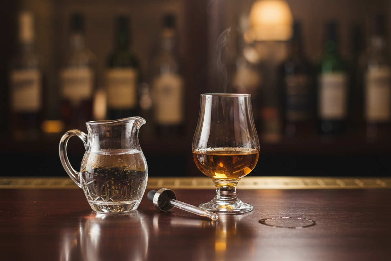 Pot à eau et verre avec du whisky