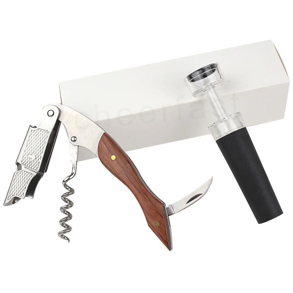 Tire-bouchon en bois de rose lot 2 pièces inox avec bouchon vacuum