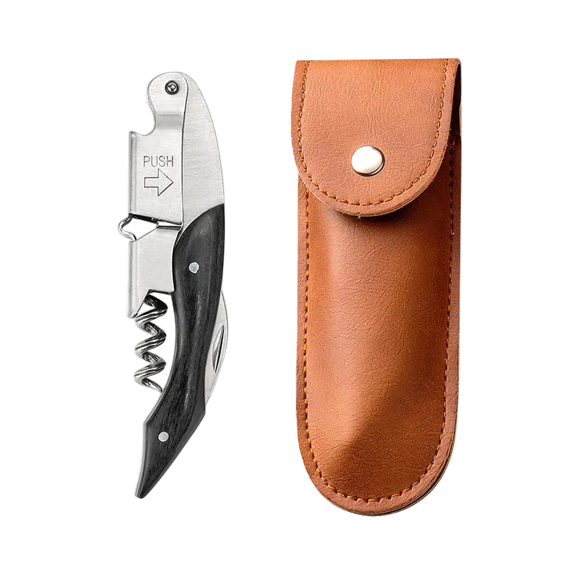 Tire-bouchon en bois inox professionnel et un etui de couleur camel