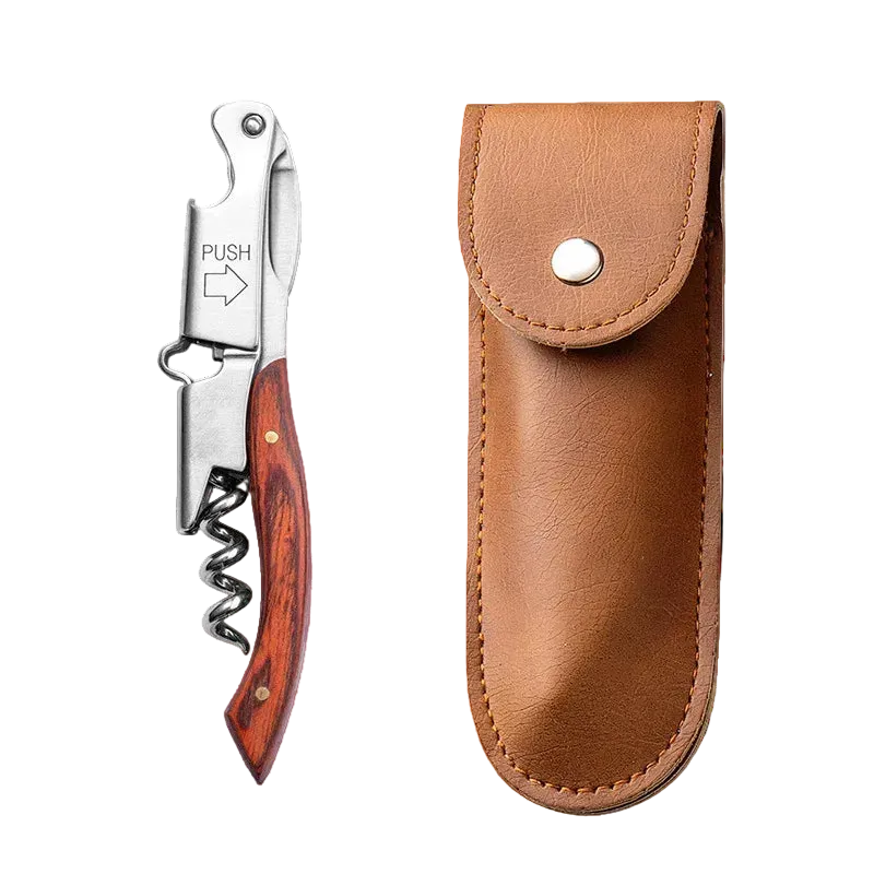 Tire-bouchon sommelier bois de rose & cuir sur fond blanc