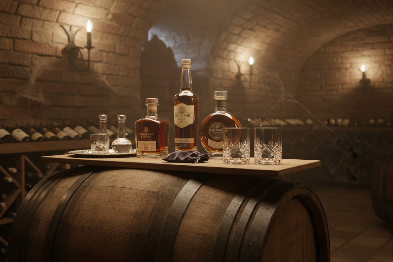 Barrique de whisky avec des bouteilles et verres à whisky.