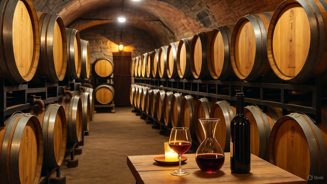 Une cave à vin de Porto avec un verre et une carafe à porto