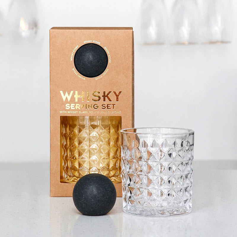 Le visuel de présentation de la pierre à whisky et du verre vintage