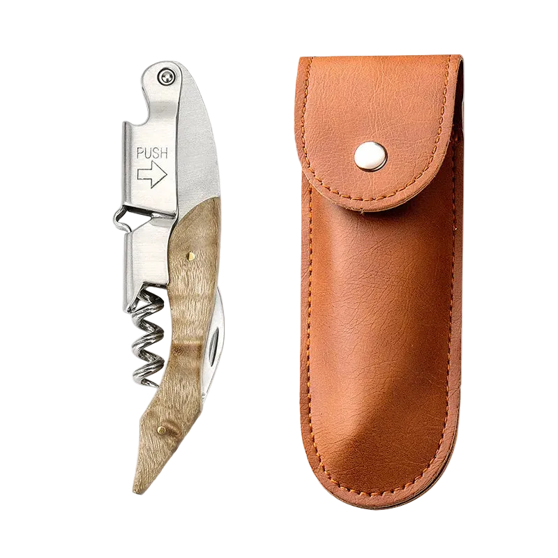 Tire-bouchon en bois avec etui en cuir