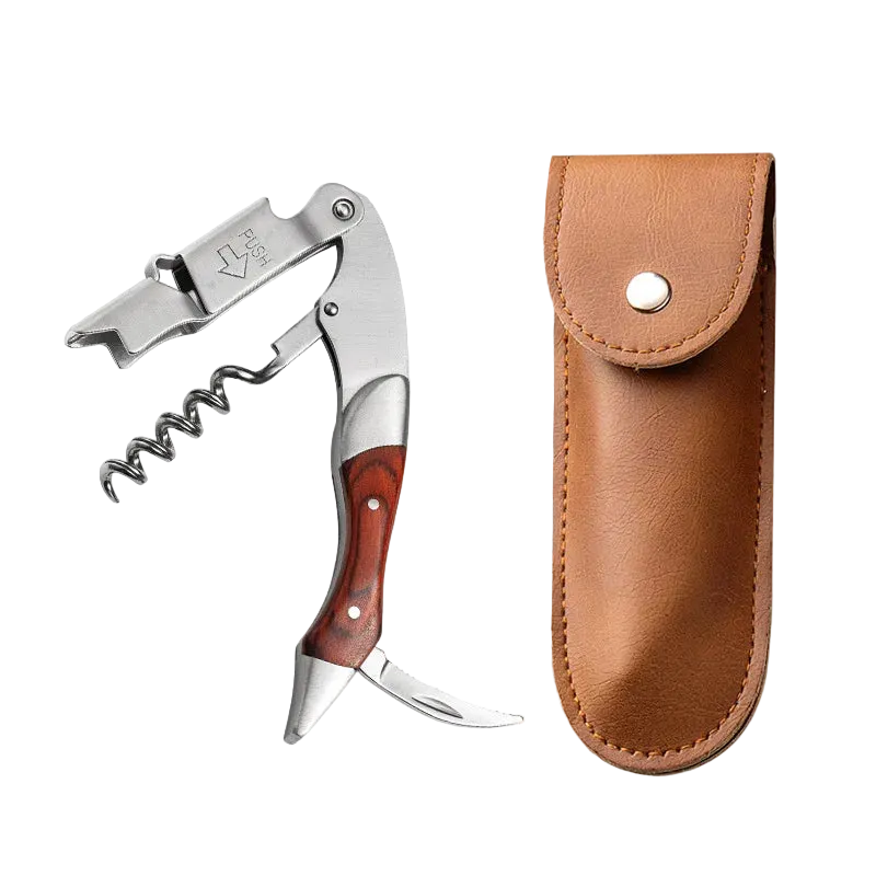 Tire-bouchon en bois inox avec un étui en cuir