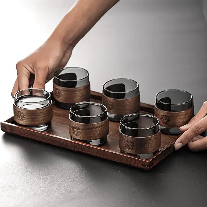 6 verres à saké Kyoto sur un plateau de bosi